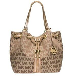 Michael Kors Jet Set Large Signature Gathered Hobo Satchel Tote Gold and Brown